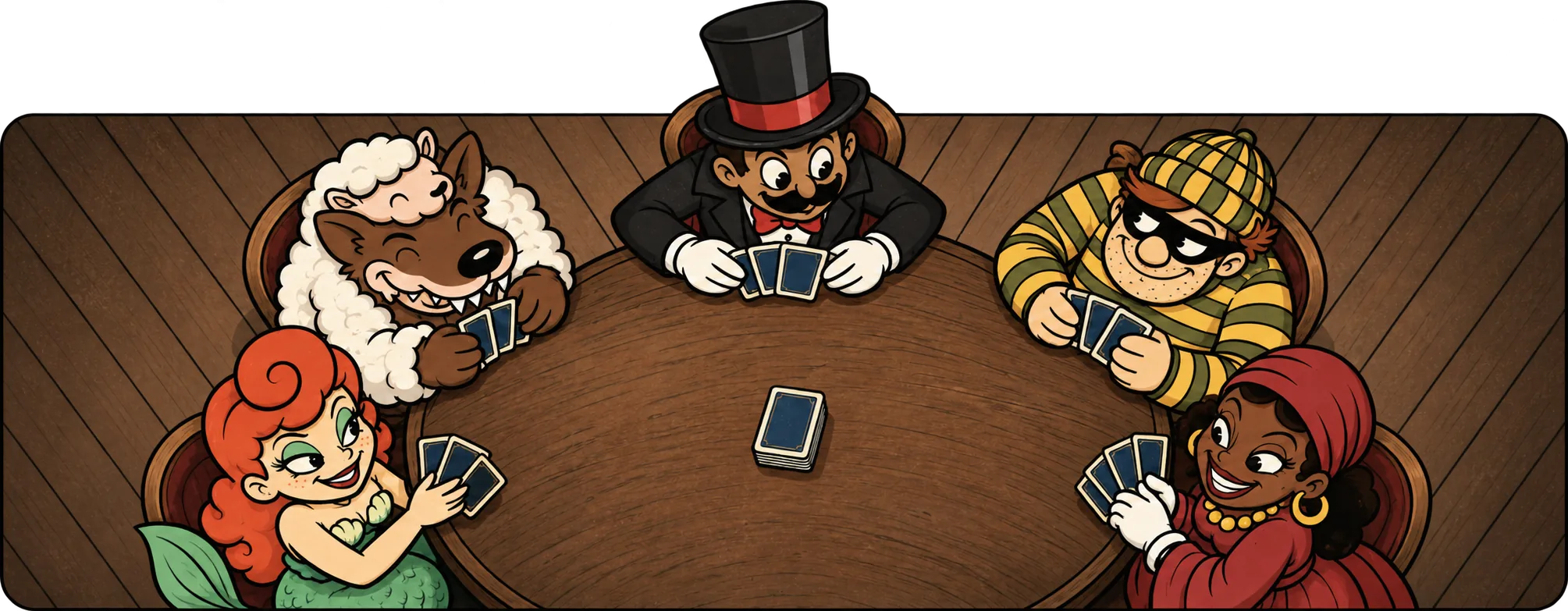 El elenco de Bluff! Show jugando a las cartas alrededor de la mesa